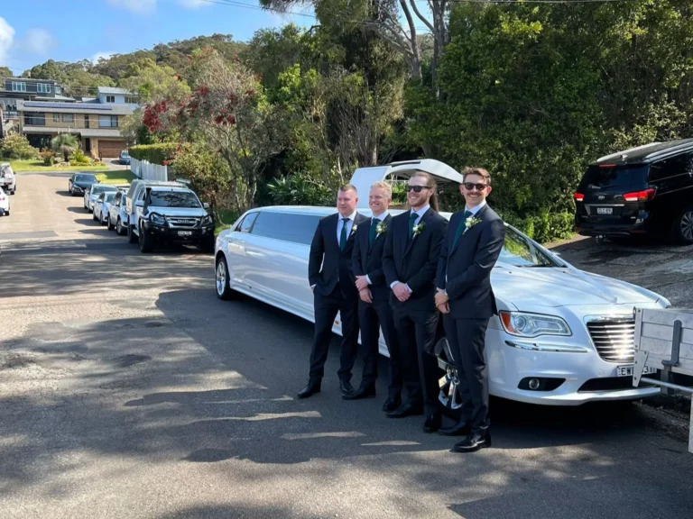 Image of people standing next to a limo for wedding. Image also shows trees and other cars in the background.